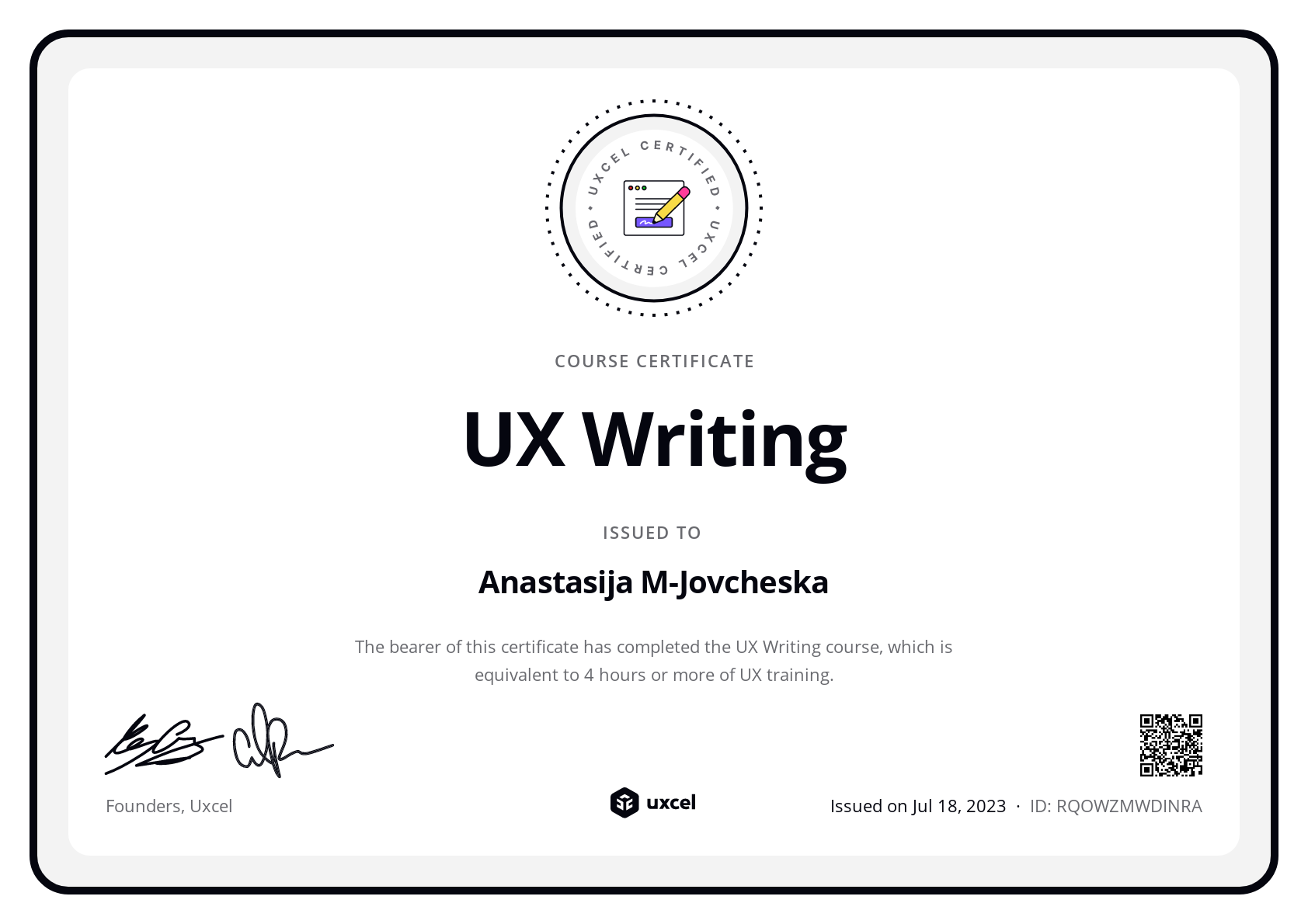 Anastasija M-Jovcheska's certificate